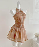 ミニドレスホルターネック宴会パーティーキラキラAライン着痩せ気質韓国っぽセクシー大人可愛い WQ2-XHY918136