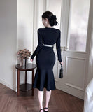 膝丈ドレス キャバドレス セクシー フェミニン ニットワンピース ラウンドネック ウエストマーク マーメイドライン 大人可愛い  デート LW2-ZED885053GT510D