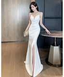 【2色】ロングドレス キャバドレス セクシー 深Vネック スリット入り キャミソール タイトライン エレガント パーティードレス  JC2-YM9205