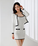 【2点セット】 ミニドレス キャバドレス セクシー 韓国風 ニットタイトセット 長袖 クルーネック ビスチェ  上品コーデ デート 女子会 カフェ LW2-DD6030