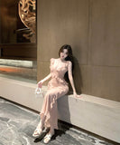 2色ロングドレスフリル谷間見せVネックレース肌見せ高級感ナイトクラブセクシーキャバクラ WQ2-XKD-D355-6839-Apr16