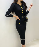 【2色】Lady's coco ロングドレス キャバドレス セクシー クルーネック 長袖 バイカラー ニットワンピース ポケット付き ウエストリボン LW2-DD6031