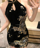 ミニドレス キャバドレス セクシー ギャル系 ボディコン中華風 ホルターネック スパンコール ベルベット ノースリーブ JC2-DD5743