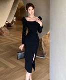 ロングドレス セクシー バックレス スリット入り タイトワンピース 長袖 エレガント パーティー デート クラブ 指名 JC2-ZED881206DXH348B