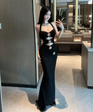 ロングドレス セクシー ホルターネック オフショルダー ローズモチーフ カットアウト 着痩せ パーティー JC2-DD5523