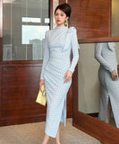 Lady's coco ロングドレス キャバドレス セクシー ブルーチェック タイトワンピース デザインリボン スリット入り 上品 スタイル 二次会 披露宴 上品  LW2-JY56009