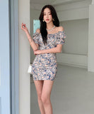 ミニドレス花柄パフスリーブオフショルダーエレガントカワセクシータイトドレスパーティーエレガント WQ2-ZED885751A71