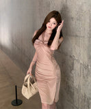 Lady's coco 膝丈ドレス キャバドレス セクシー アシンメトリー セクシー ねじりデザイン ピンク オフショルダー ベアトップ タイトワンピース ウエストマーク LW2-CD5-109-85060480