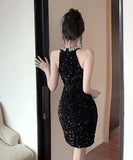 Lady's coco ミニドレス キャバドレス セクシー ビジュー付き ベロア タイトワンピース スパンコール パーティー エレガントスタイル LW2-DD6021