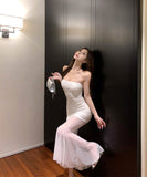 ロングドレスマーメイドドレスレースチュールキャミワンピタイトドレスベアトップおしゃれ韓国っぽ WQ2-XKD-D308-6956-May22