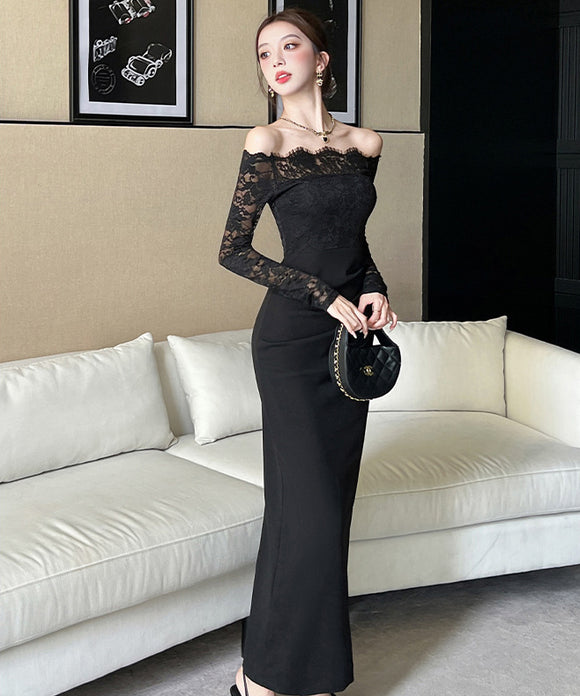 Lady's coco ロングドレス キャバドレス セクシー　オフショルダー レース切り替え セクシー スリムフィット エレガントドレス 結婚式 二次会 披露宴 パーティー 上品 LW2-DD5922