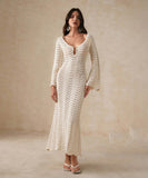 【2色】サンドレス ロングドレス 谷間見せ 袖付き おしゃれ クロシェ編み hot girl WQ2-CM82601