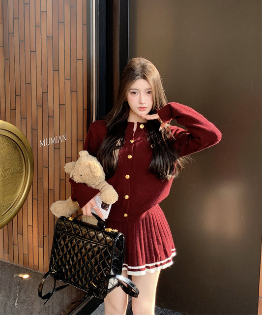 【3色】2点セット ミニドレス キャバドレス セクシー 大人可愛い ニットカーディガン＋ハイウエストプリーツスカート セットアップ  お出かけ デート 出勤 LW2-OYF2585