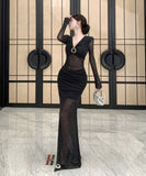 Lady's coco ロングドレス キャバドレス セクシー ストーン 深Vネック シースルー タイト マーメイドワンピース LW2-OYF8722