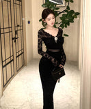 Lady's coco ロングドレス キャバドレス セクシー レースタイトドレス Vネック 上品 シルエット 二次会 披露宴 パーティー 女子会 LW2-OYF8726