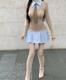 【秋新作】ミニドレス キャバドレス プレッピースタイル  ウエストマーク プリーツスカート 大人可愛い デート LW2-XKDD335A-3139-Sep21