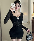 【2色】ミニドレス キャバドレス セクシー ボディコン メッシュ ロングスリーブ ミニ丈 夜会 デート ナイトクラブ JC2-DD5514