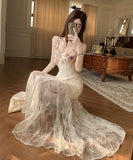 ロングドレス リゾートウェア 着痩せシルエット ホルターネック レース拼接 立体フラワープリント JC2-CD7-323-80900850