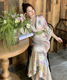 ロングドレスVネック小顔花柄エレガントフランス風着痩せ通勤おしゃれ WQ2-ZED6780