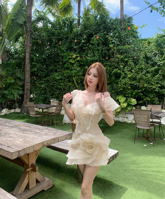 ミニドレスキャバドレスフリル個性感Vネック谷間見せエレガント大人可愛いセクシーフラワー WQ2-XKD-HS-109-8159-Apr11