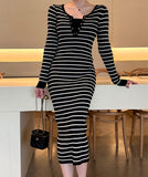 Lady's coco ロングドレス キャバドレス セクシー 秋冬新作 ニットワンピース クルーネック 長袖 ストライプ柄 タイトシルエット ミディ丈 LW2-DD6032