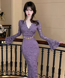 【3色】ロングドレス キャバドレス セクシー Vネック レース切り替え タイトワンピース ベルト付き 上品 シルエット LW2-DD6011