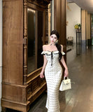 ロングドレス水玉柄マーメイドドレスフリルエレガント通勤セレブ風着痩せ大人可愛い同伴韓国っぽ WQ2-XKD-D355-6891-May16