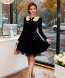 Lady's coco 膝丈ドレス キャバドレス セクシー  ベロアドレス パール付き クルーネック リボンデザイン ウエストマーク 長袖 フレアワンピース 上品デザイン デート 女子会 パーティー お呼ばれ 二次会 LW2-JY45408