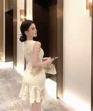 ミニドレスレースフリルVネック小顔効果気質谷間見せエレガント高級感大人可愛い韓国っぽ WQ2-XKD-D529-6812-Apr8