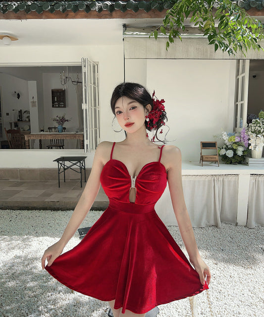 【2色】 ミニドレス キャバドレス セクシー 谷間魅せ Vネック ベルベット タイトキャミワンピース ウエストマーク パーティー 指名 LW2-DD5932