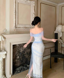 ロングドレスチュールオフショルダーセクシーエレガントフラワーパーティー演奏会宴会セクシーレース WQ2-ZED888626DXH238A