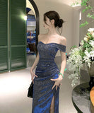 Lady's coco ロングドレス キャバドレス セクシー オフショルダー スパンコール スリットドレス 誕生日会 結婚式 二次会 LW2-XHY917022