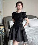手作りドレスミニドレスキラキラ高級感Aラインパフスリーブ誕生日ドレスセレブ風着痩せ気質 WQ2-JY21695