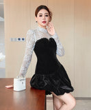 【秋冬新作】 ミニドレス キャバドレス セクシー フレンチフェミニンドットチュール切り替え ベロア素材 ウエストマーク 上品 着痩せ ドレス風 レディース フレンチフェ ドットチュール切り替え  ウエストマーク 上品 着痩せレディース デート LW2-JY21889