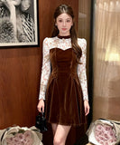 Lady's coco ミニドレス キャバドレス セクシー 上品ベロアワンピース レース切替 バイカラー 長袖 ウエストマーク Aラインシルエット LW2-JY21922