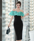 手作りドレス高級感膝丈ドレスフリルおしゃれエレガント着痩せ気質宴会パーティー WQ2-JY21140