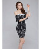 【2色】ミニドレス キャバドレス セクシー 韓国風 オフショルダー ドット柄 レース切り替え ボディコン JC2-JW3726NA71