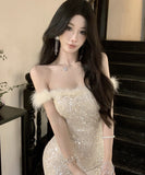 Lady's coco ロングドレス キャバドレス セクシー フレンチ オフショルダー スパンコール タイトシルエット 高見え ふわふわフェザー付き パーティー JC2-YKE450A8676