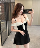 【2色】 ミニドレス キャバドレス セクシー バイカラーデザイン ウエストシェイプ タイト 着痩せ効果 LW2-LQE9482