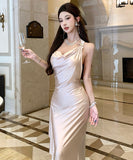 ロングドレス キャバドレス セクシー バックオープン ギャザー サテン エレガント パーティー JC2-XHY919292