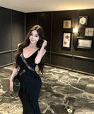 2色ロングドレスフリル谷間見せVネックレース肌見せ高級感ナイトクラブセクシーキャバクラ WQ2-XKD-D355-6839-Apr16