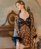 ルームウェア ランジェリー セクシー レオパード柄 シフォン レース切替 Vネック 誘惑 ベルスリーブ ガウン付きセット JC8-GR6633