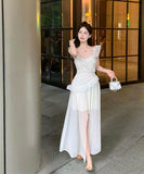 ロングドレスフリルカワセクシーコーデ万能ふわふわ旅行着痩せ気質SNS話題大人可愛い WQ2-XKD-D426-2935-May5