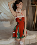 Lady's coco セクシー クリスマス風 ベロア ランジェリーセット ダイブVネック 背中開き ナイトウェア かわいいルームコスチューム LW2-GR4749