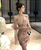 ミニドレス フレンチ エレガンス 手作りビジュー ベアトップ タイトフィット セクシー キャバドレス  プリント ショートワンピース 2024年新作 KS2-YXY808