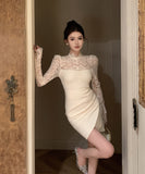 【2色】Lady's coco ミニドレス キャバドレス 清楚セクシー レースシースルー ロングスリーブ 大人可愛い 着やせ ボディコン ウエストシェイプ デート 女子会 お出かけ JC2-XKDD342-581-Sep28