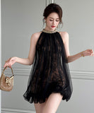 手作りドレスミニドレスチュールレースキラキラノースリーブセクシーセレブ風着痩せ気質宴会パーティー WQ2-JY91689