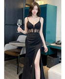 ロングドレス キャバドレス セクシー ディープVネック エレガント フロア長さ スリット JC2-YM9198