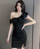 【3色】キャバドレスミニドレスワンーショルダーフリルセクシーエレガントナイトクラブパーティー非対称 WQ2-DD4733