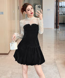 【秋冬新作】 ミニドレス キャバドレス セクシー フレンチフェミニンドットチュール切り替え ベロア素材 ウエストマーク 上品 着痩せ ドレス風 レディース フレンチフェ ドットチュール切り替え  ウエストマーク 上品 着痩せレディース デート LW2-JY21889